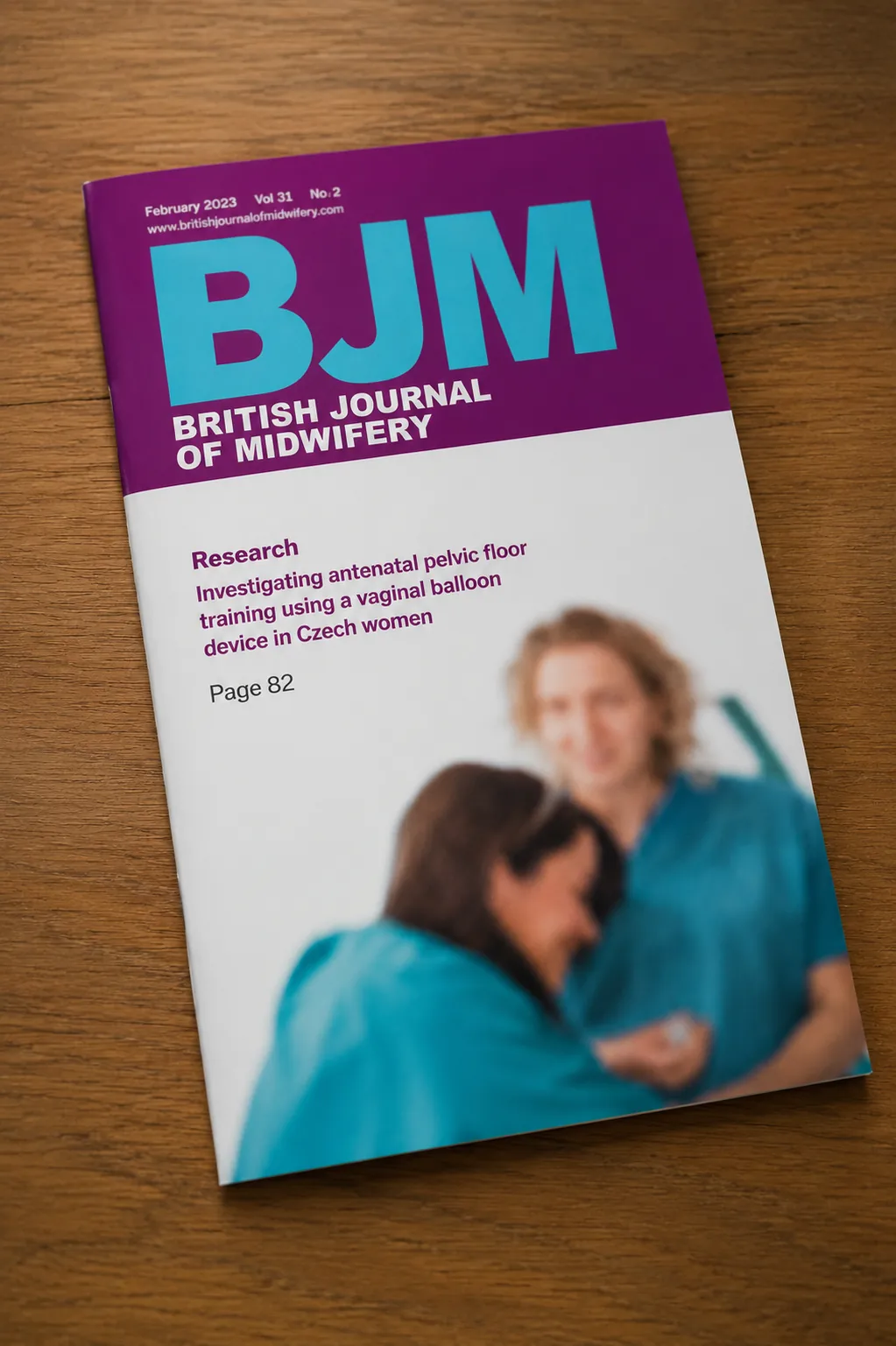 Actual February 2023 cover of the British Journal of Midwifery featuring the research article about antenatal pelvic floor training