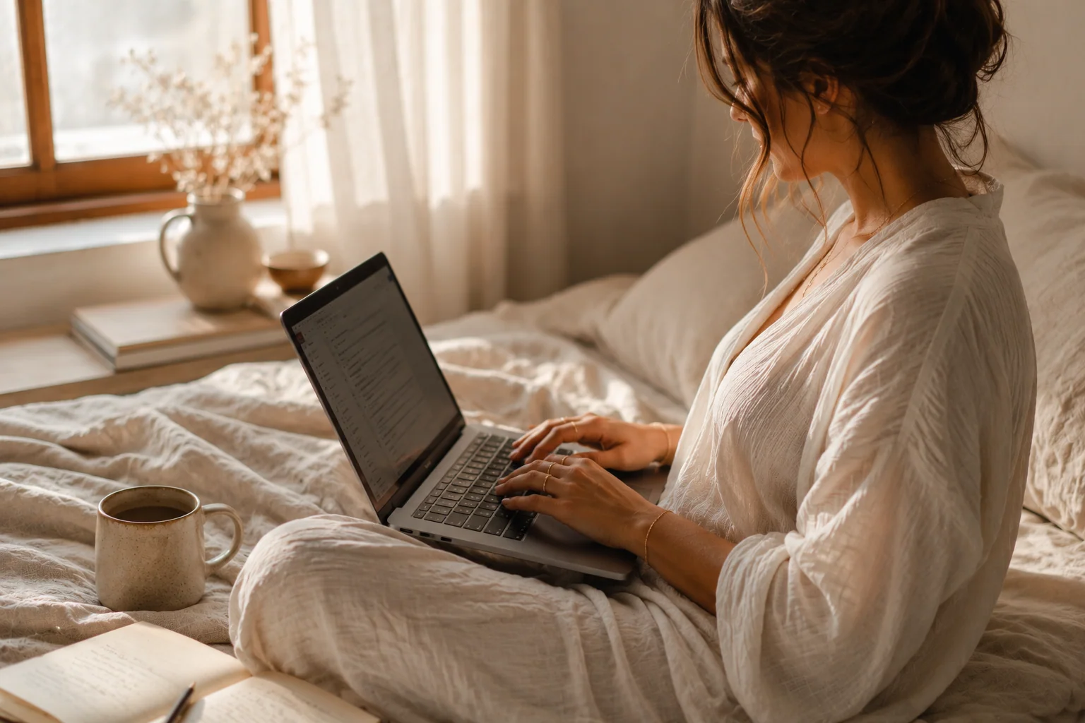 Pregnant woman researching in a bright, calm bedroom